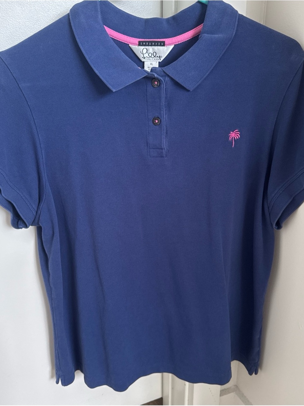Lilly Pulitzer Navy Polo with Pink Palm Embroidery